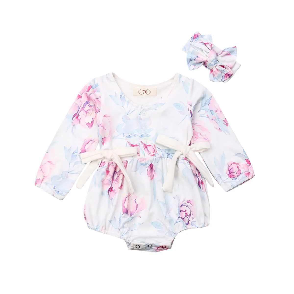

Floral Newborn Baby Girl Long Sleeve Bowknot Princess Girls Bodysuit Jumpsuit Headband 2PCS Baby Clothes