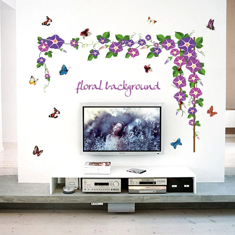 Purple morning glory vines floral background wall sticker flowers