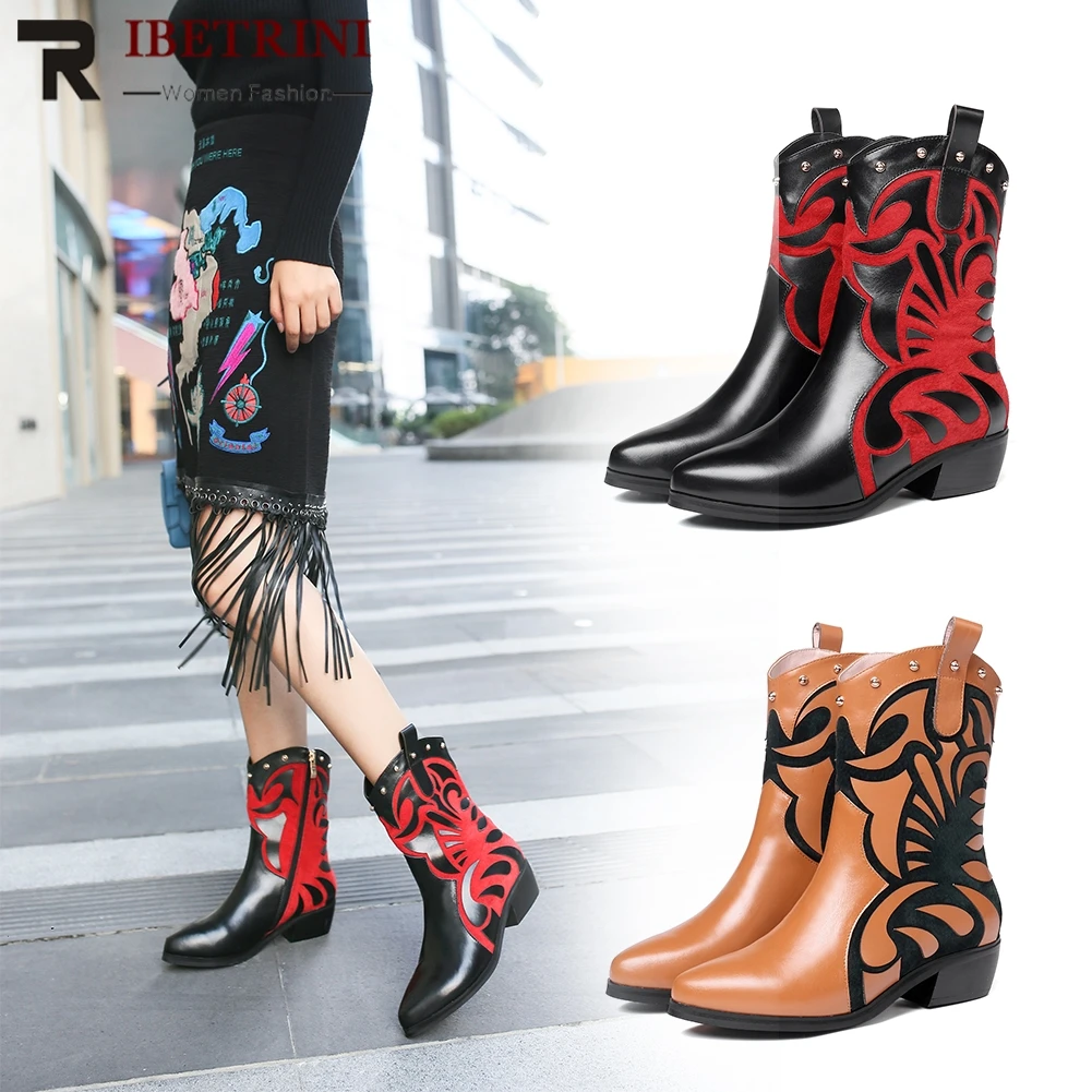 

RIBETRINI New Fashion Fretwork British Ankle Boots Ladies Genuine Cow Leather Shoes Boots Women Shoes Woman Large Size 33-43