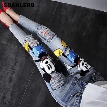 

2019 New Spring Autumn Cartoon Mickey Hole Ripped Denim Pants Women's Slim Women Long Denim Pants Female Pencil Jeans