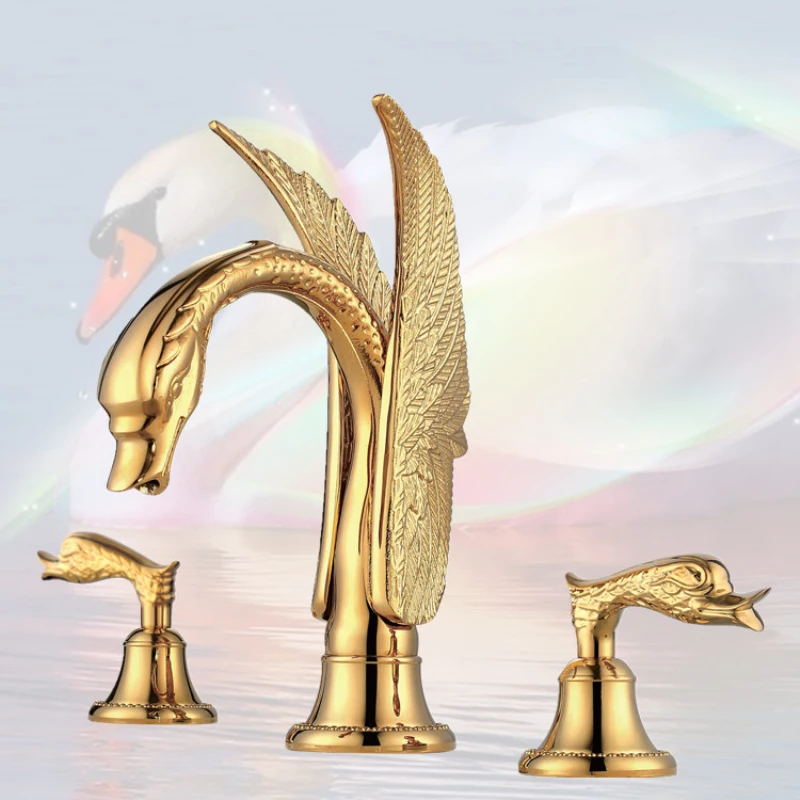 

Antique Kitchen Faucet Polished Golden Swan Bathroom Faucet Dual Handles Three-hole Sink Mixer Taps Hot Cold Water Deck Mounted