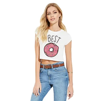 

Best Friends T Shirt Women Donut Coffee Duo Print Cotton cropped Tops Letter Funny Harajuku Crop Top Women 2018 Summer T Shirts