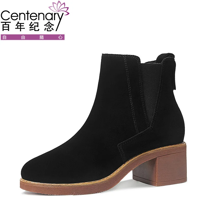 

Centenary cow suede leather high heel square thick heel