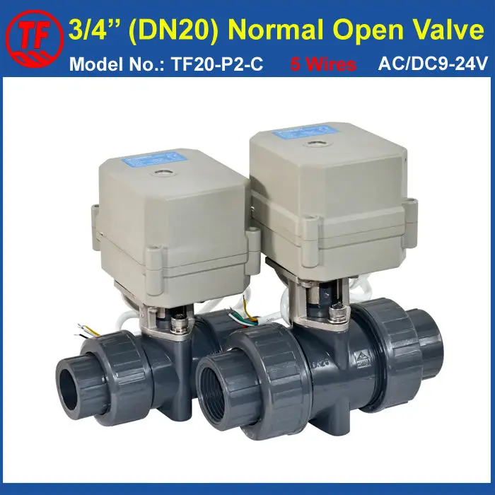 

5 Wires With Signal Feedback PVC DN20 Normally Open Valve TF20-P2-C, BSP/NPT 3/4'' AC/DC9-24V 10NM On/Off 15 Sec Metal Gear