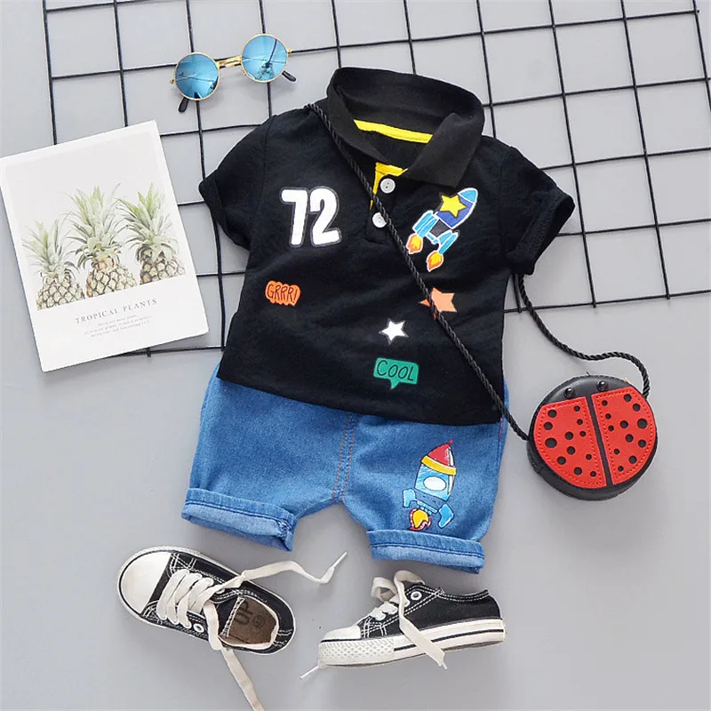 

Boys Girls Clothing Sets 2019 Summer Lapel Digital Rocket Two-piece For T-Shirt+Denim Shorts Children Set Casual Fashion Clothes