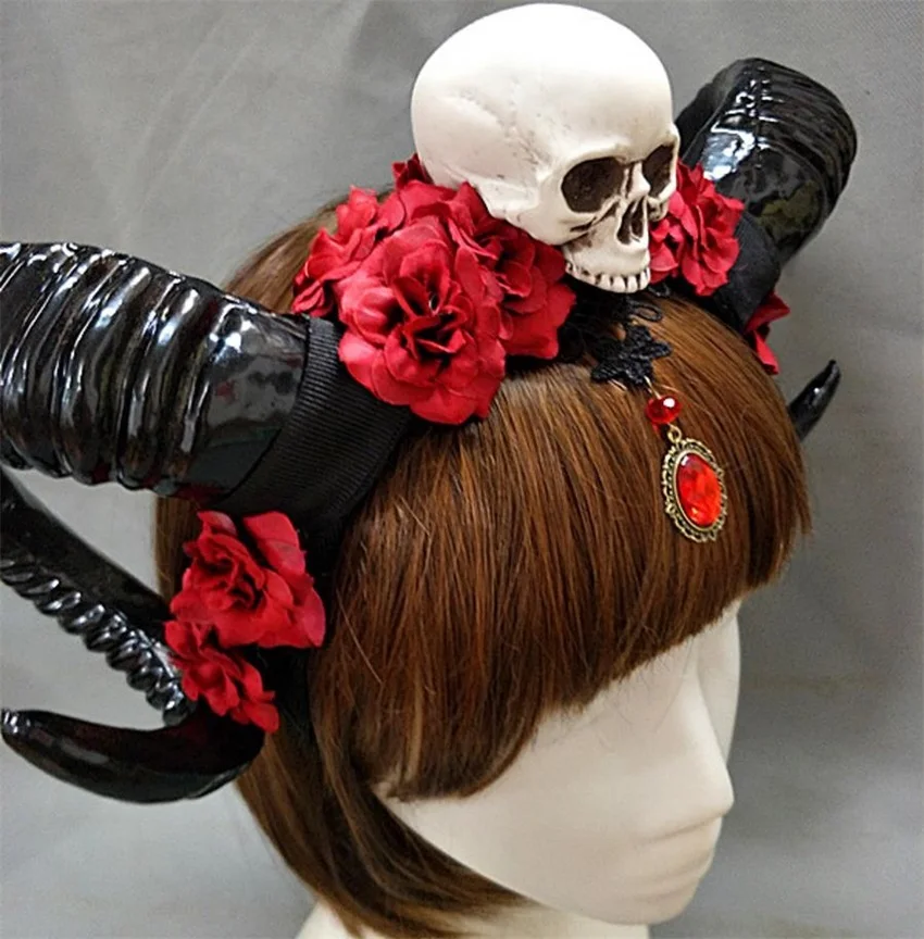 Halloween Skull Accessories - Devil Floral Horns Headpiece with Veil - Fancy Dress Hair Accessories image 4