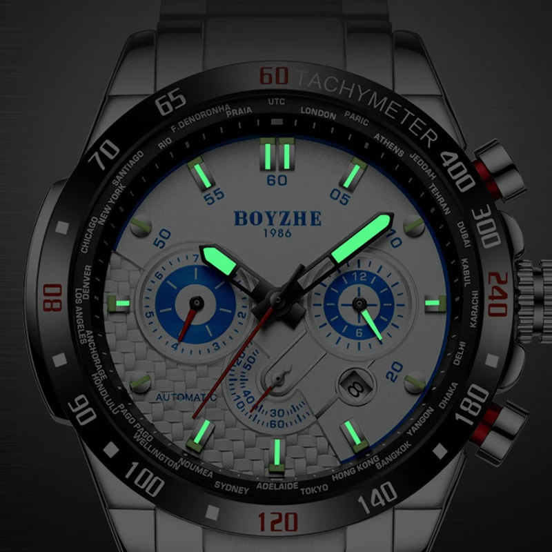 BOYZHE متعددة الوظائف الميكانيكية ووتش الرجال الفاخرة العلامة التجارية الفولاذ المقاوم للصدأ التلقائي ساعة اليد الرياضة كبيرة الهاتفي relogio ...
