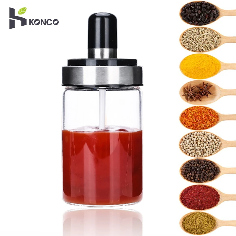 

KONCO 2Pcs Spice Seasoning Container with Spoon Salt Pepper Jars Condiment Cruet with Cover Kitchen Storage Glass Bottles
