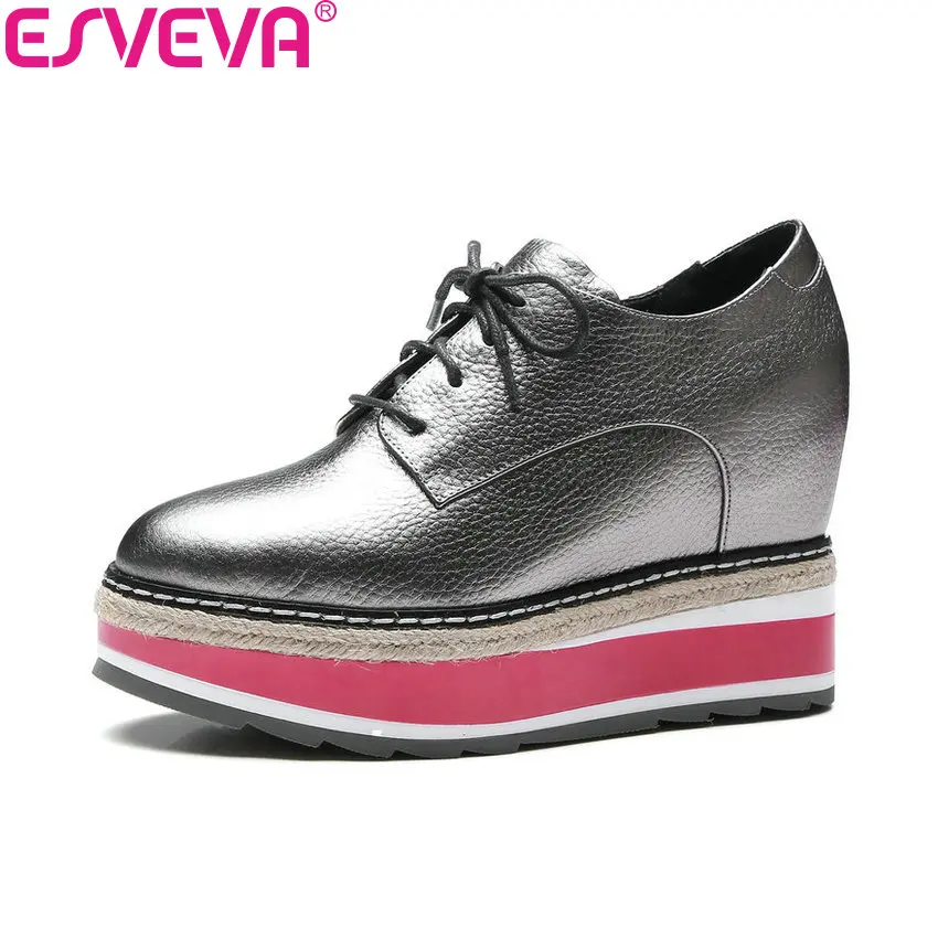 

ESVEVA 2018 Women Pumps Round Toe Lace Up Cow Leather PU High Heels Shoes Height Increasing Platform Ladies Shoes Size 34-39