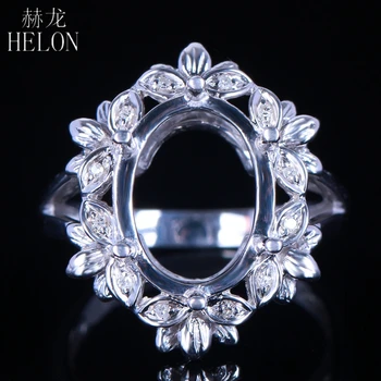 

HELON 9x12-11x13mm Oval Cut Semi Mount Solid 14K White Gold Pave 0.1CT Real Diamond Engagement Wedding Wedding Ring Fine Jewelry