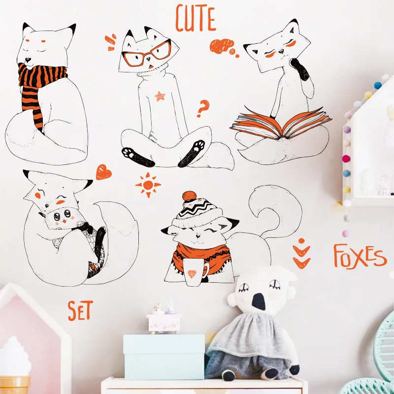 Stick figure cartoon foxes wall sticker cute stylish fox reading decorative applique for kids