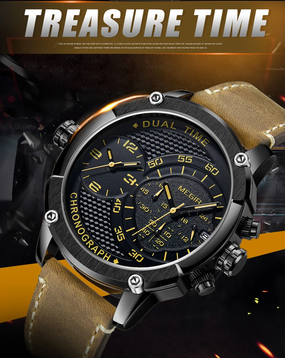 MEGIR спортивные кварцевые часы с хронографом, мужские наручные часы с двумя часовыми поясами, креативные армейские военные наручные часы с кожаным ремешком
