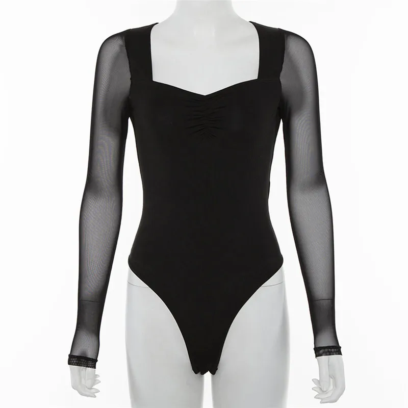 Black Mesh Bodysuit Women Long Sleeve Summer Deep V Neck Sexy Body Suits Casual Hollow Out Playsuit Jumpsuit Short Playsuit - Color: black