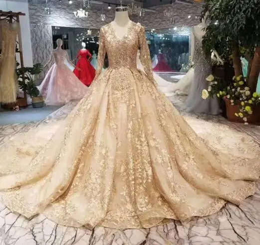Золотое кружевное свадебное платье es новейший дизайн v-образный вырез с длинными рукавами на шнуровке сзади роскошное свадебное платье с блестящим королевским шлейфом - Цвет: Золотой