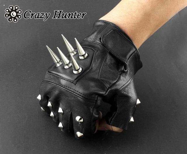 1 Pair Horn Studded Skull Fingerless Leather Gloves Punk Rock