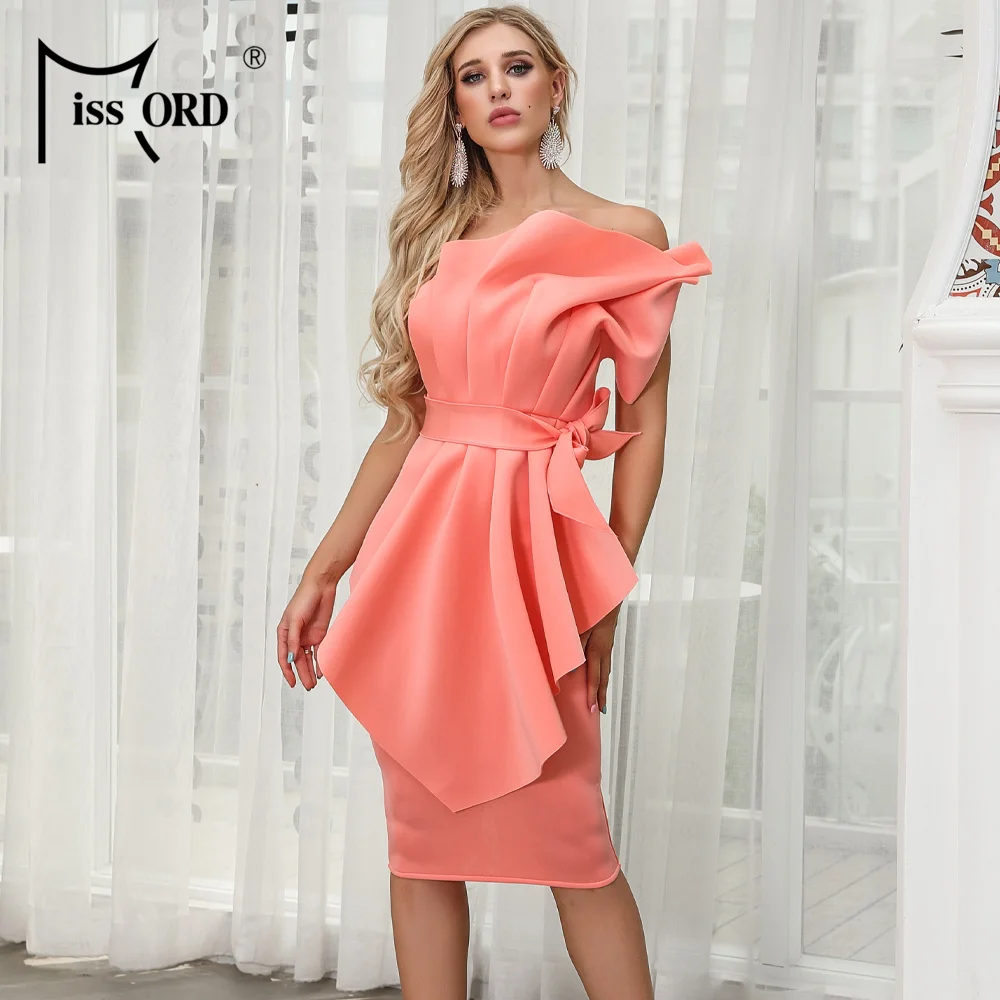 

Missord 2019 Women Sexy Off Shoulder Backless Dresses Female Ruffles ELegant Split Solid Color Dress FT19541
