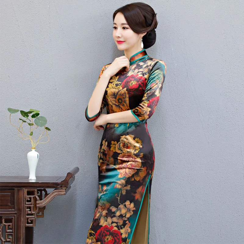 2019 Новое Осеннее бархатное атласное китайское традиционное платье Cheongsam с