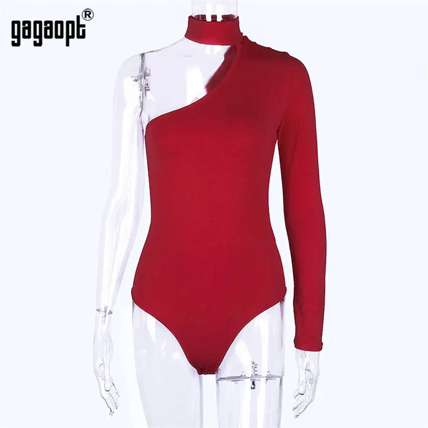 Gagaopt, Сексуальное Женское боди на одно плечо, модное облегающее боди, однотонное черное боди, комбинезоны, уличная одежда - Цвет: Красный