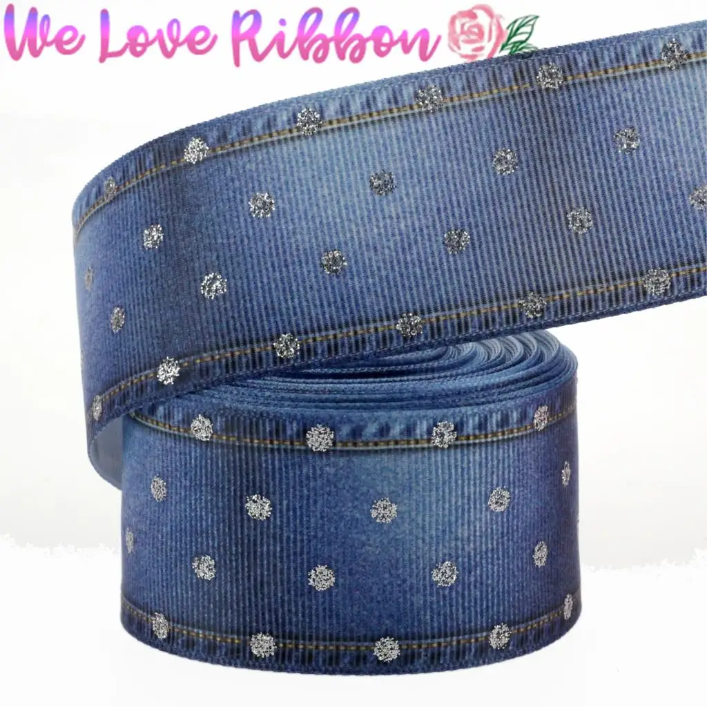 

1-1/2"38mm Mini Dots Glitter Jeans Patterns Denim Like Printed Grosgrain Ribbon Hair Bowknots Making DIY Gift Pack 10yards/roll