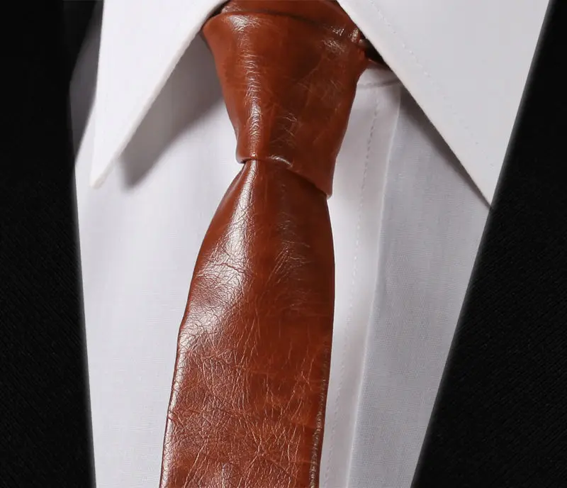 

LET1 Brown Leather Tie Casual Classic Fashion Skinny Slim Solid Men Necktie