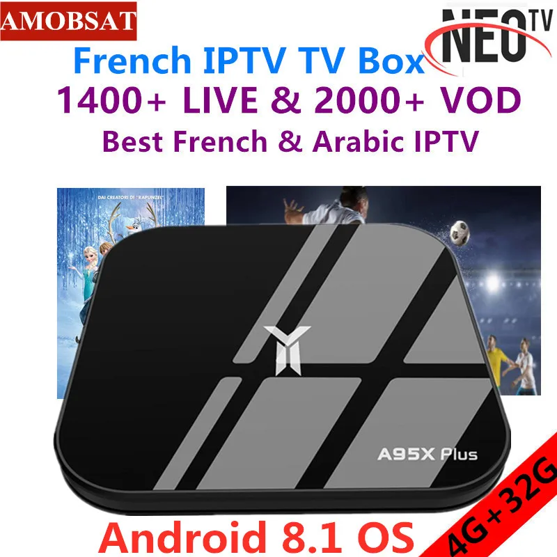 

AMOBSAT A95X Plus Android 8.1 Smart TV Box 4GB 32GB Set Top Box+1 Year Neo pro French IPTV Subscription 4K Media Player IPTV Box