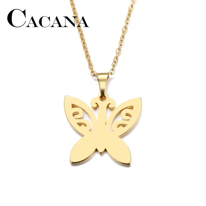 CACANA Stainless Steel Necklace For Women Man Lover's Tattoo Butterfly Gold And Silver Color Pendant Necklace Engagement Jewelry