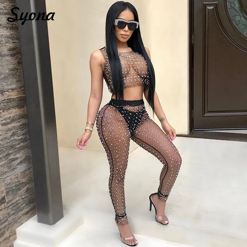 

Sexy Matching Pearl Mesh TWO PIECE SET For Women Club Outfits See Through Transparent Sheer 2 PCS Suit Nightclub Beach Vacation