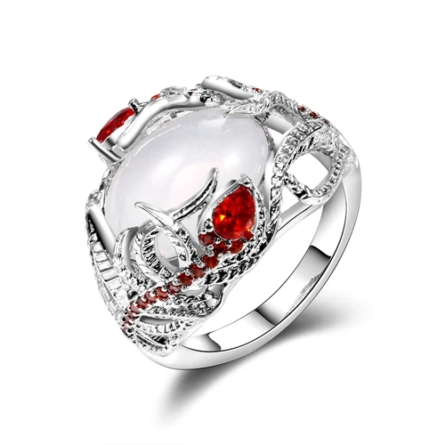 Модные креативные кольца с лунным камнем, пером, ободком для женщин, винтажное красное рубиновое обручальное кольцо - Цвет камня: Белый