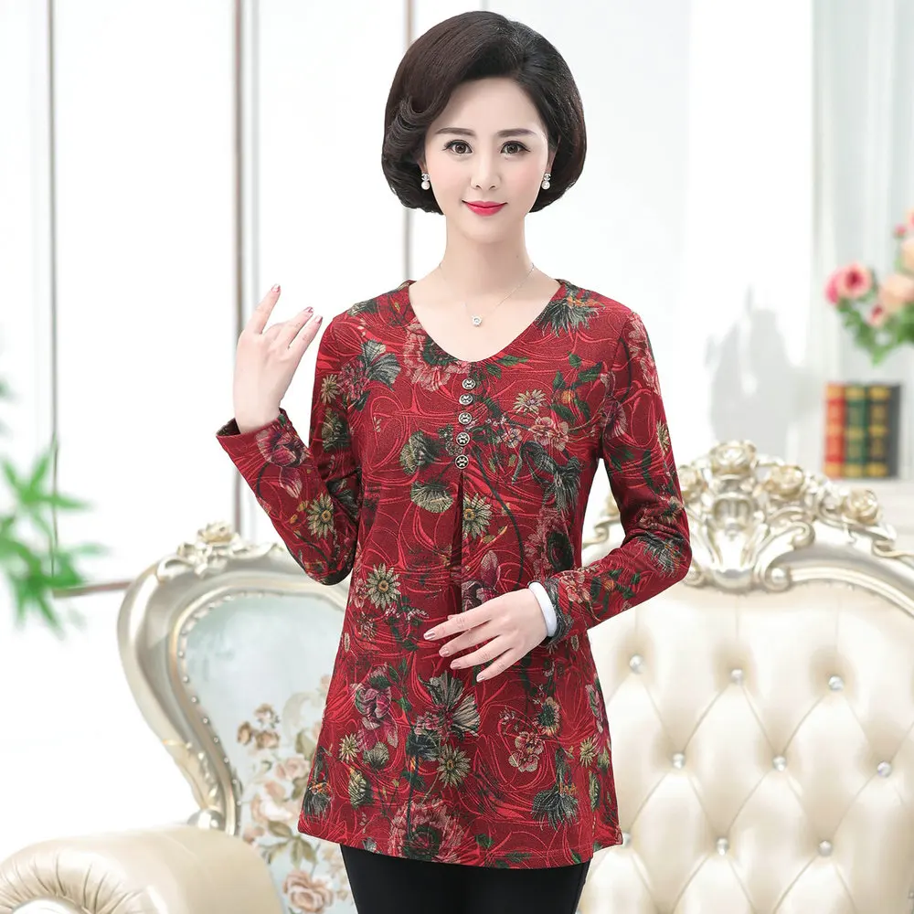 Middle Aged Woman Casual Blouse Chinese Flower Printing Top Female Blue Red Green Tunic Womens Autumn Spring Essential Blouses