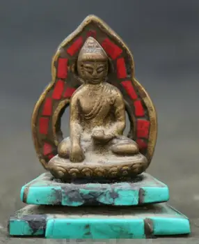 

2.8"Collect Old Chinese Bronze Turquoise Shakyamuni Amitabha Buddha Small Statue