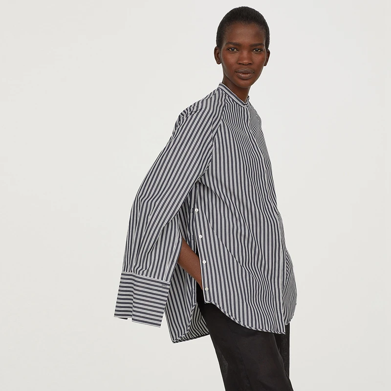 

Grey white stripe slit long sleeve plus size shirts for women ladies basic OL formal oversize loose O neck button up tops work