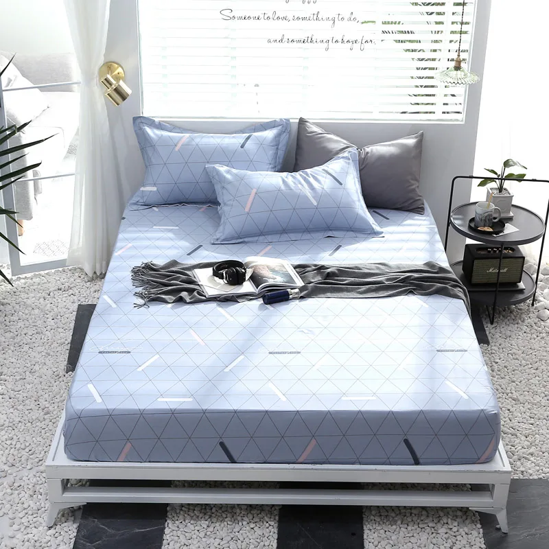 

Blue Rectangle Pattern 3Pcs 100% Cotton Printed Solid Fitted Sheet Mattress Cover Four Corners With Elastic Band Bed Sheet Soft