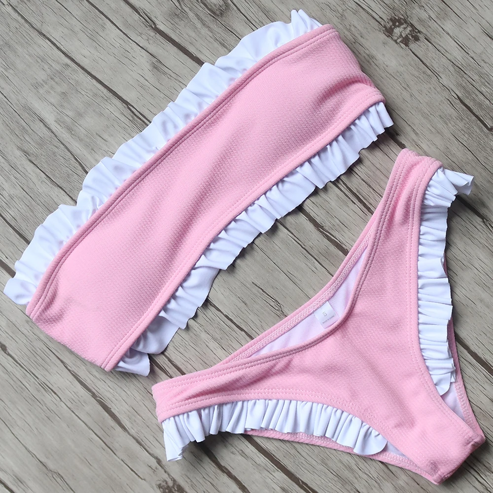 

ruffles swimsuit women sexy padded bikini solid bikini set thong bathing suit halter swimwear female low waist swimming suit