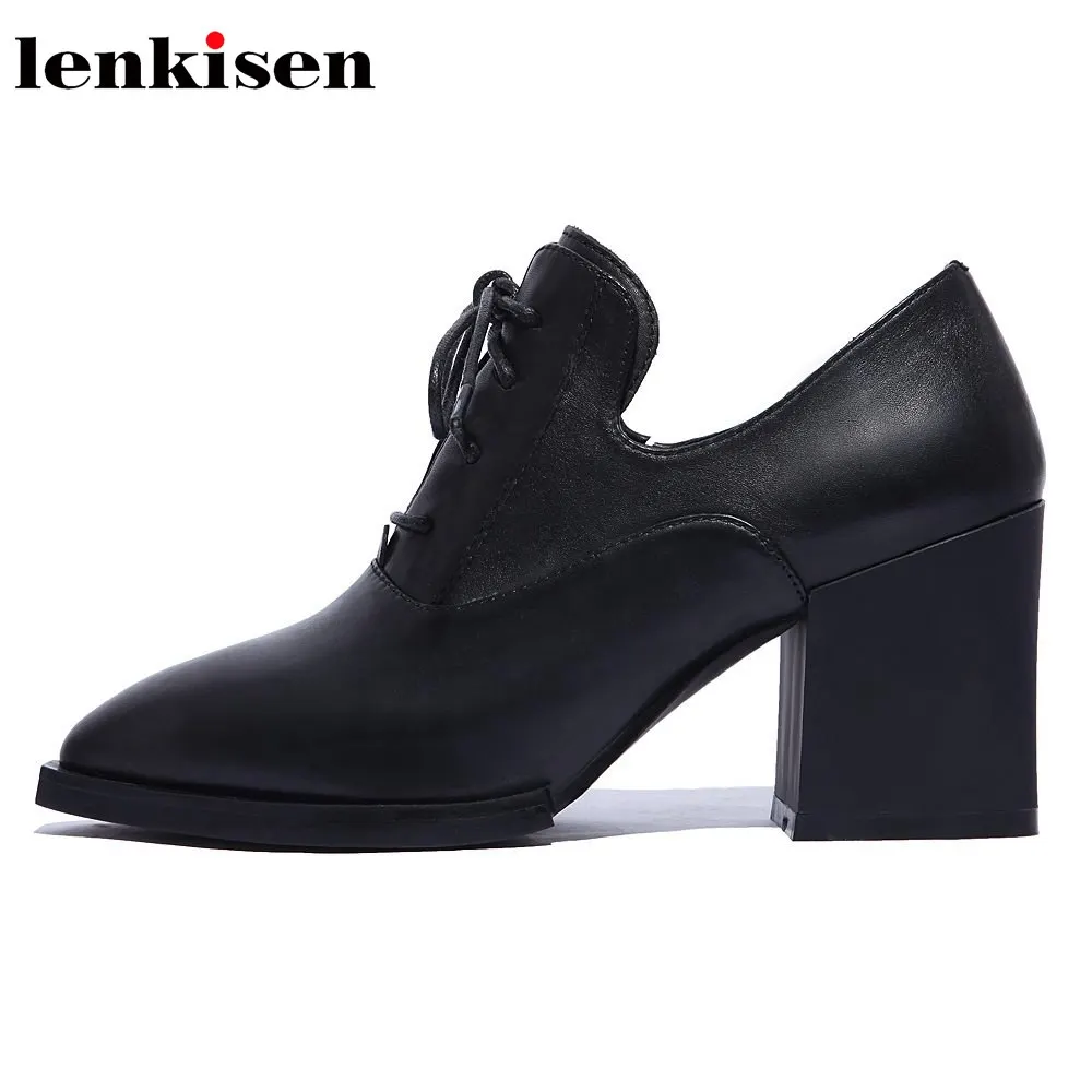 

Lenkisen spring matuer genuine leather concise lace up preppy style shoes shallow pointed toe office lady cozy women pumps L97