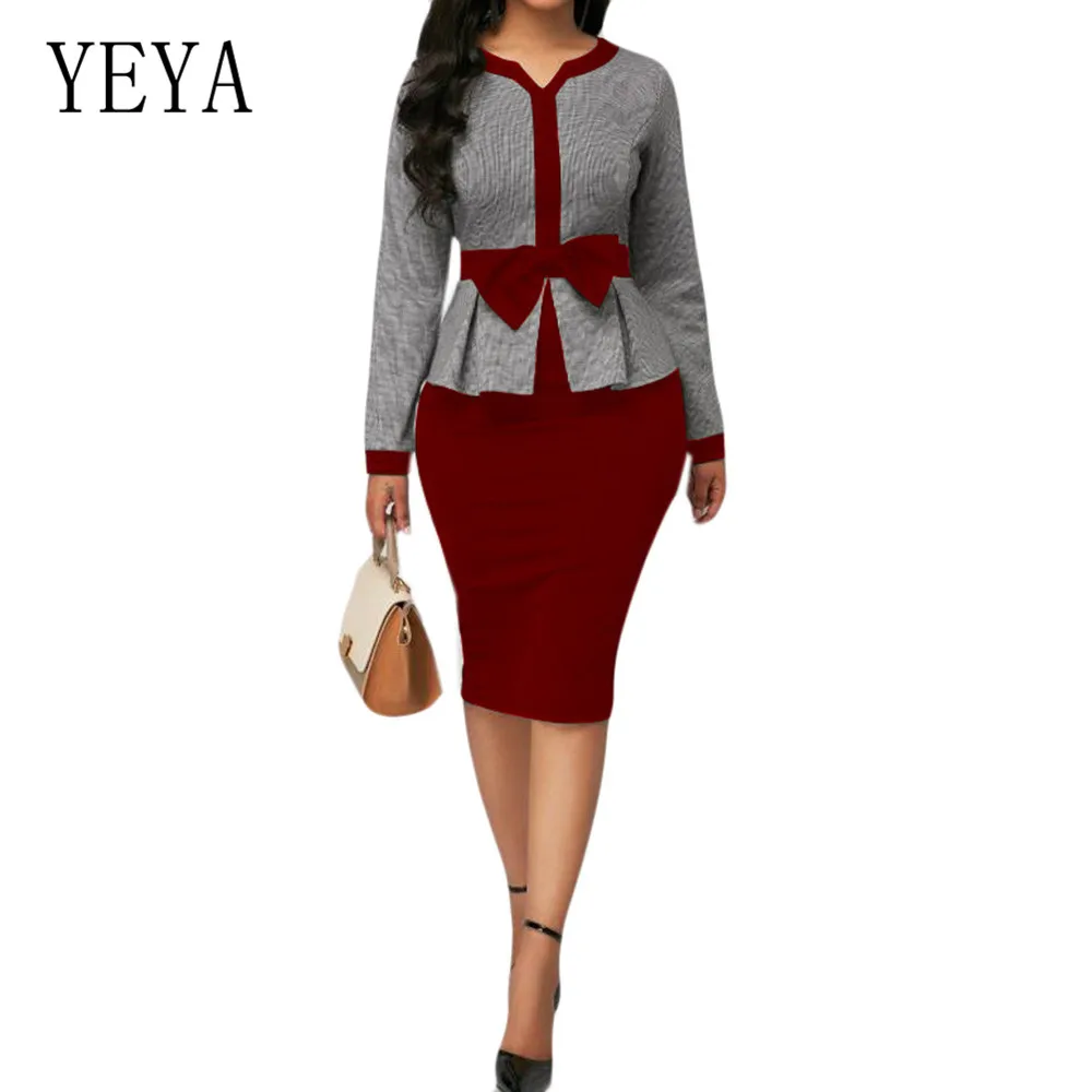 

YEYA Professional Women Casual Work Office Business Classic O Neck Dresses Elegant Patchwork Bodycon Knee-Length Pencil Dress
