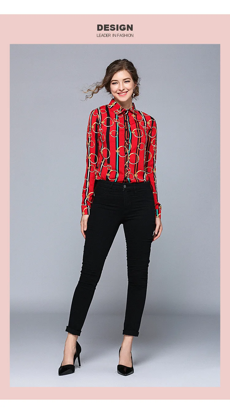 

European station new women's temperament print top fashion wild lapel long-sleeved shirt free shipping