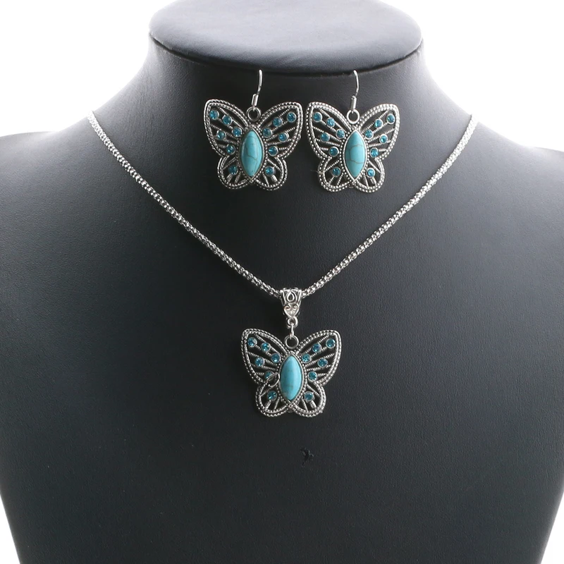 Fashion Butterfly Pendant Necklaces Drop Earrings Vintage Rhinestone Crystal Jewelry For Women Wedding Jewelry Sets Shellhard