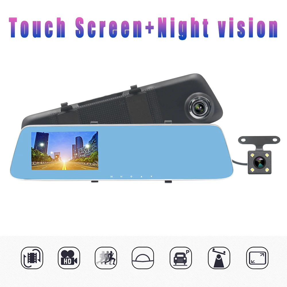 

4.3 Inch Car DVR Rearview Mirror Video Monitor Rear View Camera Big Touch Screen Built-In Speaker HD Night Vision 1080p Dash Cam