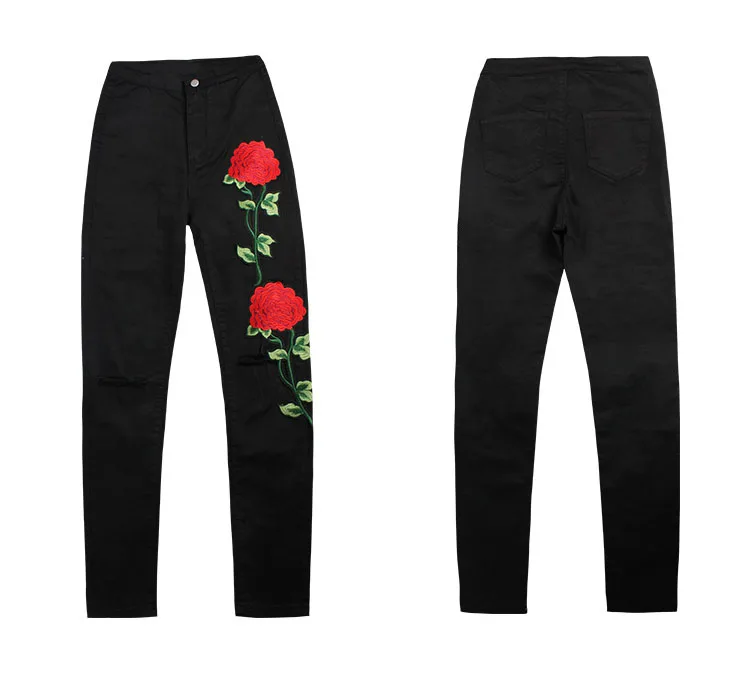 HCYO Designer Women Cloth Black Jeans 3D Floral Embroidery Slim Pencil Pants Pure Cotton Knee Hole Female Denim Jeans Trousers (8)