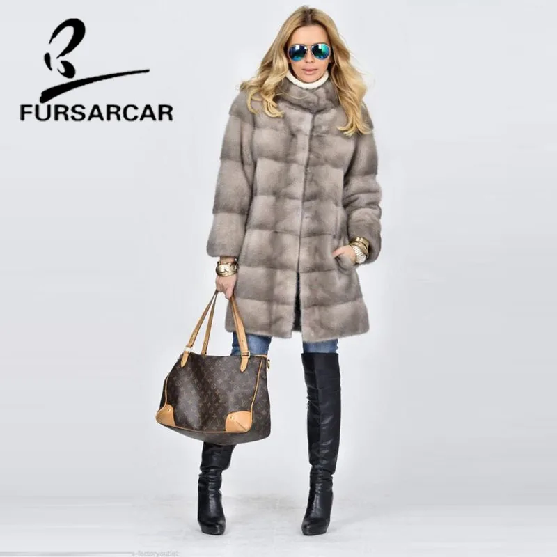 Женская Шуба из меха норки FURSARCAR Длинная зимняя шуба натурального высокого
