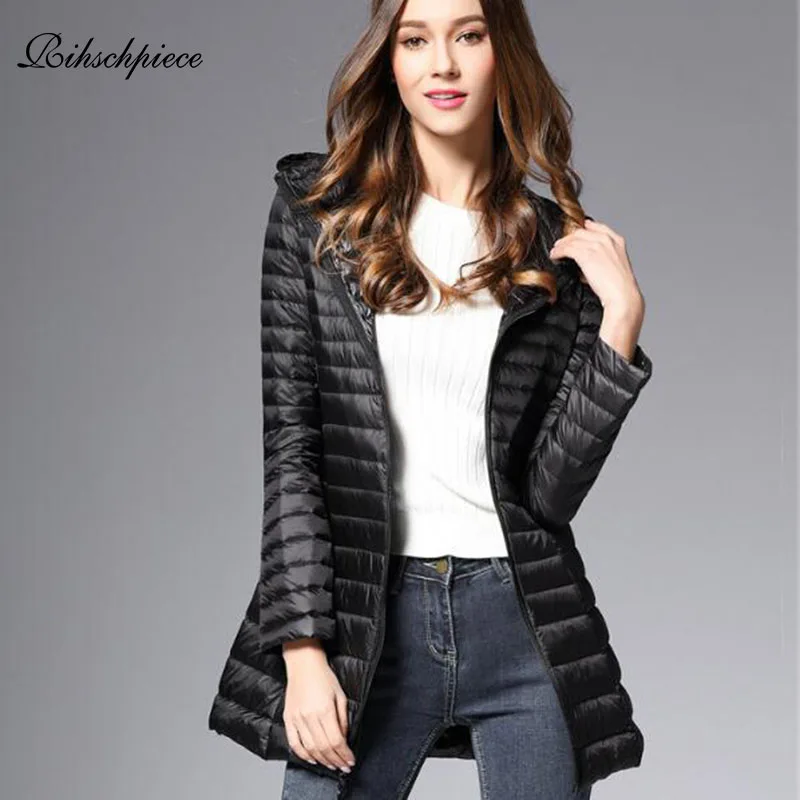 

Rihschpiece 2018 Winter Plus Size 3XL Duck Down Coat Women Ultra Light Jacket Hoodie Long Black Puffer Jackets RZF1498