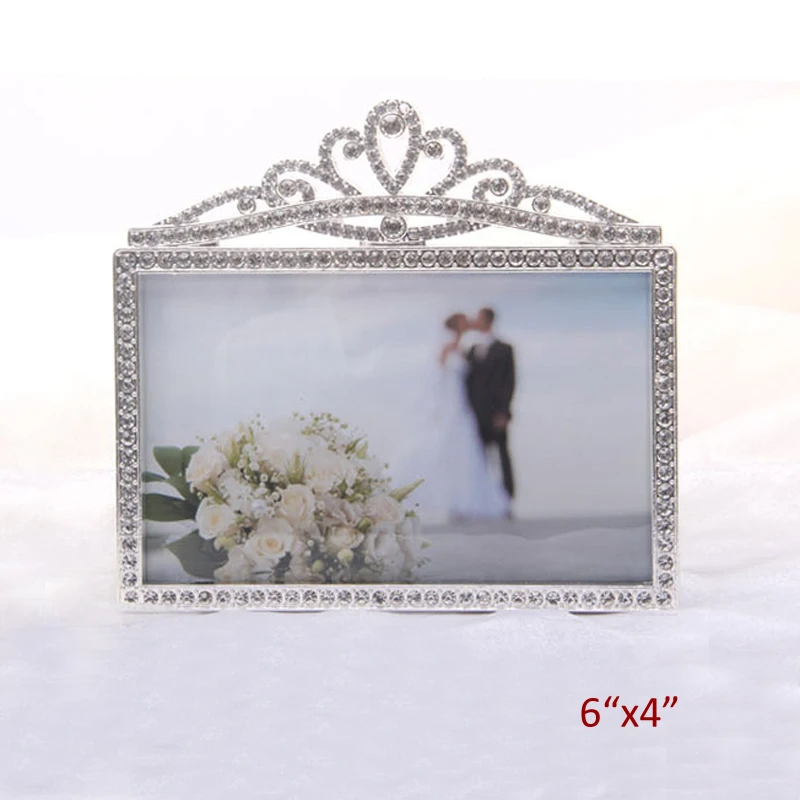 

European Wedding Accents Shiny Silver Plating with Clear Rhinestones Jeweled Tabletop Decor Metal 6x4 7x5 inches Photo Frame