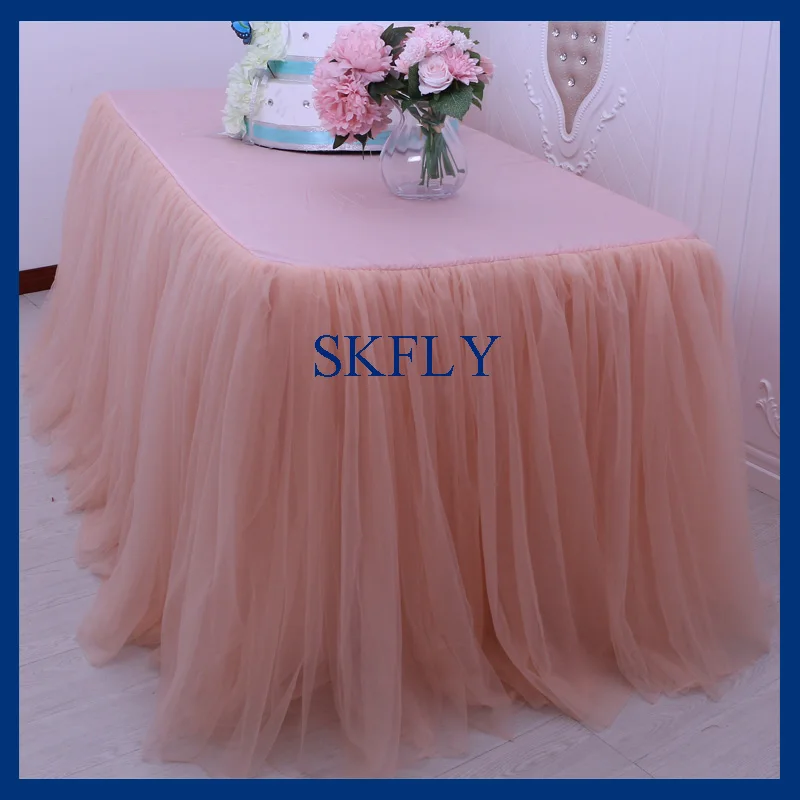 

SK005S elegant 6ft rectangle 30'' wide, 72'' long, 30'' drop, peach puffy tulle table cloth with top