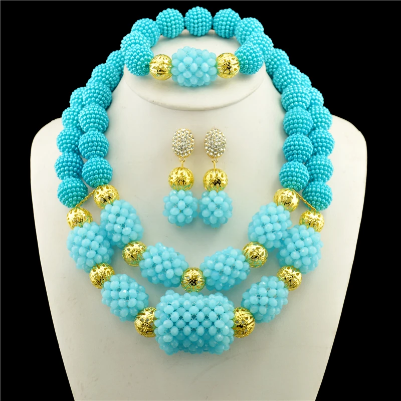 

Jewelry Sets Lake Blue African Beads Fashion Necklace Earrings Gold-color Imitation Pearl Crystal Wedding Bridal