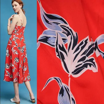 

New Red Flower Fabric Satin Cotton/Polyester Lily Printed Fabric Quilting Patchwork Sewing Material DIY Summer Dress 140cm Wide