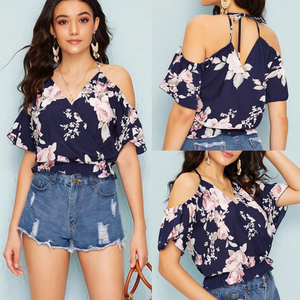 

2019 Fashion Women Top Blouse New style блузка женская Cold Shouder Camis Banfdage V-Neck Short Sleeve Tops camiseta mujer