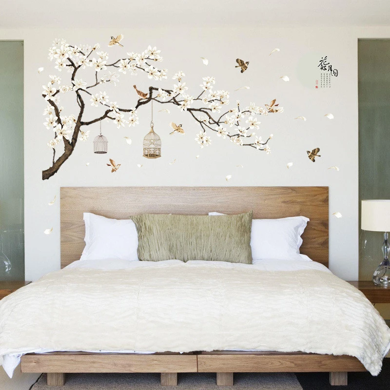 Большие размеры дерево наклейки на стену с изображением птиц цветок обои для домашнего декора для гостиной спальни DIY виниловые комнаты украшения
