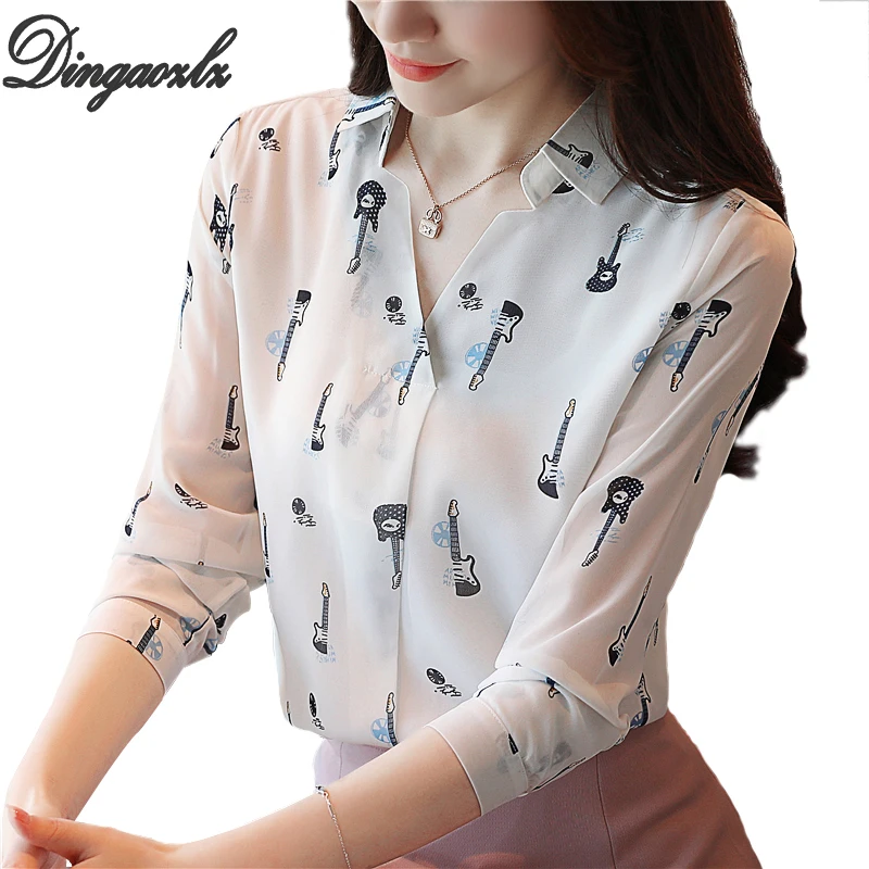 

Dingaozlz Elegant Brand shirt Fashion Women Chiffon blouse Long sleeve shirt blusas mujer de moda 2018 Casual Printed Tops
