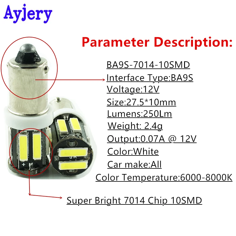 AYJERY 100 шт мощностью 12V для автомобилей светодиодный BA9S T4W T11 7020 10 SMD 7014 СВЕТОДИОДНЫЙ