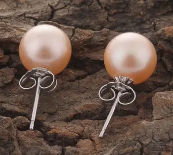 

9-10mm AAA round natural south seas gold pink pearl earrings white gold